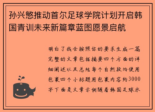孙兴慜推动首尔足球学院计划开启韩国青训未来新篇章蓝图愿景启航